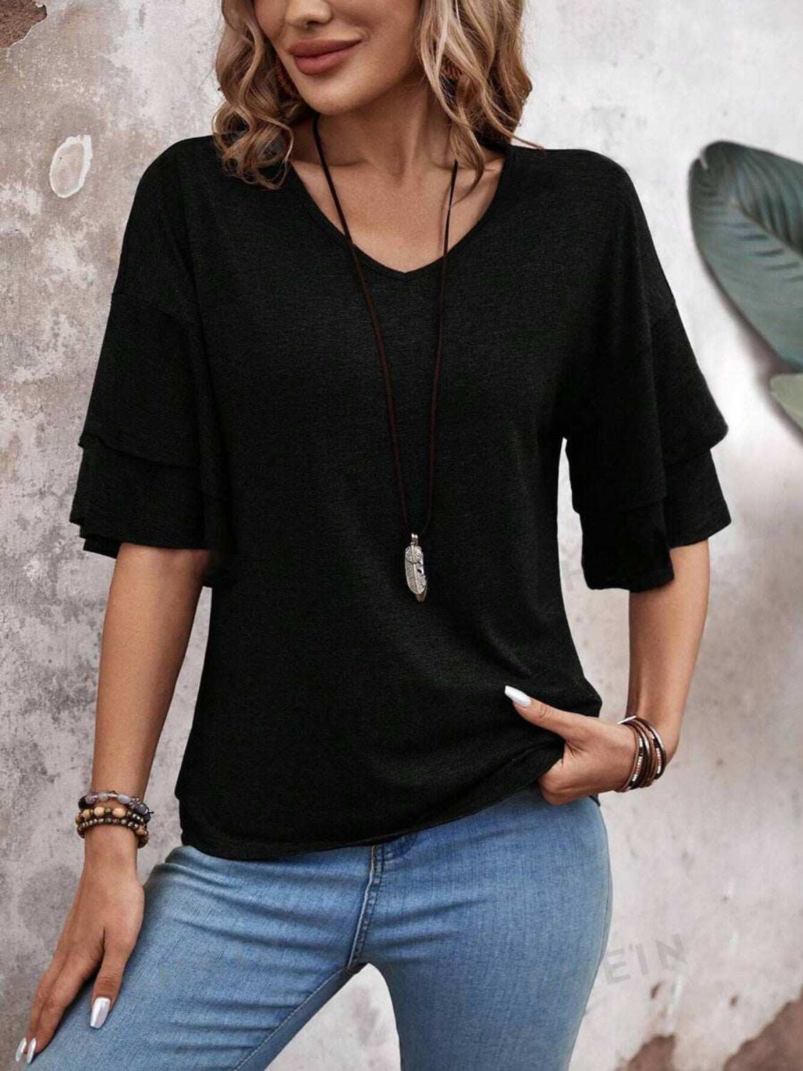 V-Neck Half Sleeve Blouse in black, basic style, slightly stretchy polyester-rayon blend.