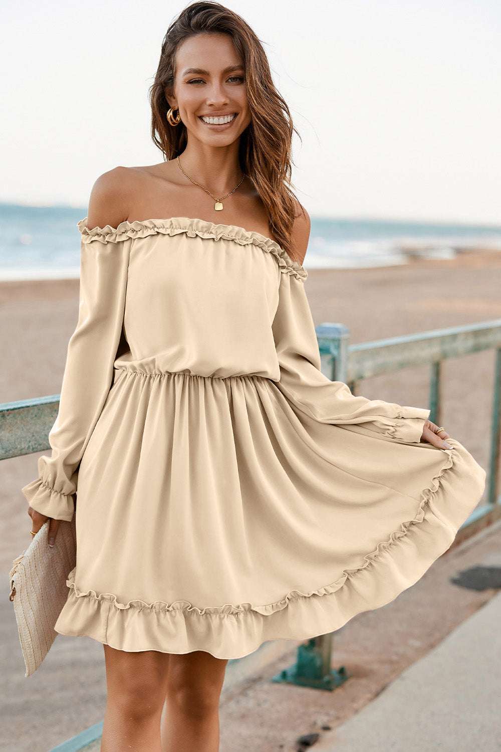 Frill off-shoulder flounce sleeve dress, basic style, beach background.