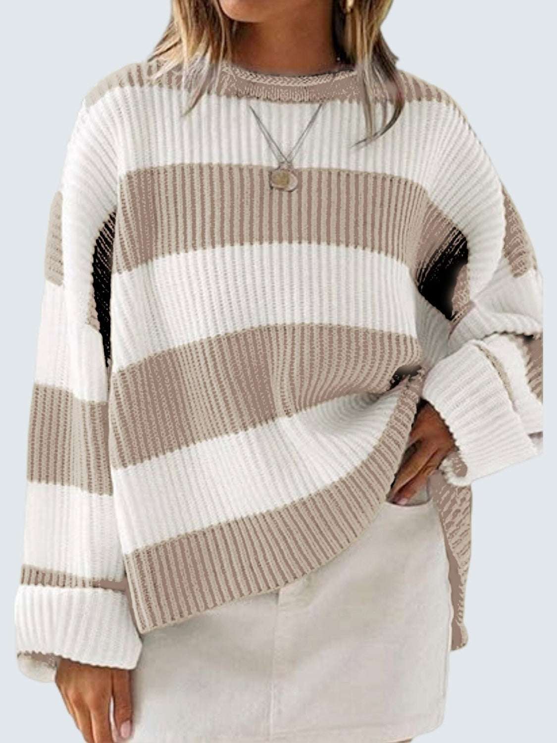 Round neck long sleeve sweater in beige and white stripes, slightly stretchy polyester.