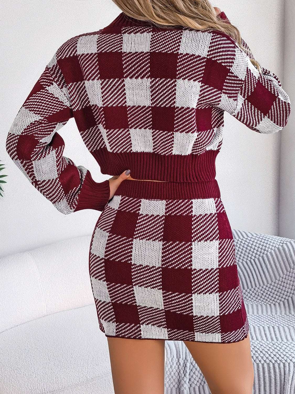 Plaid Round Neck Top and Skirt Sweater Set Burgundy