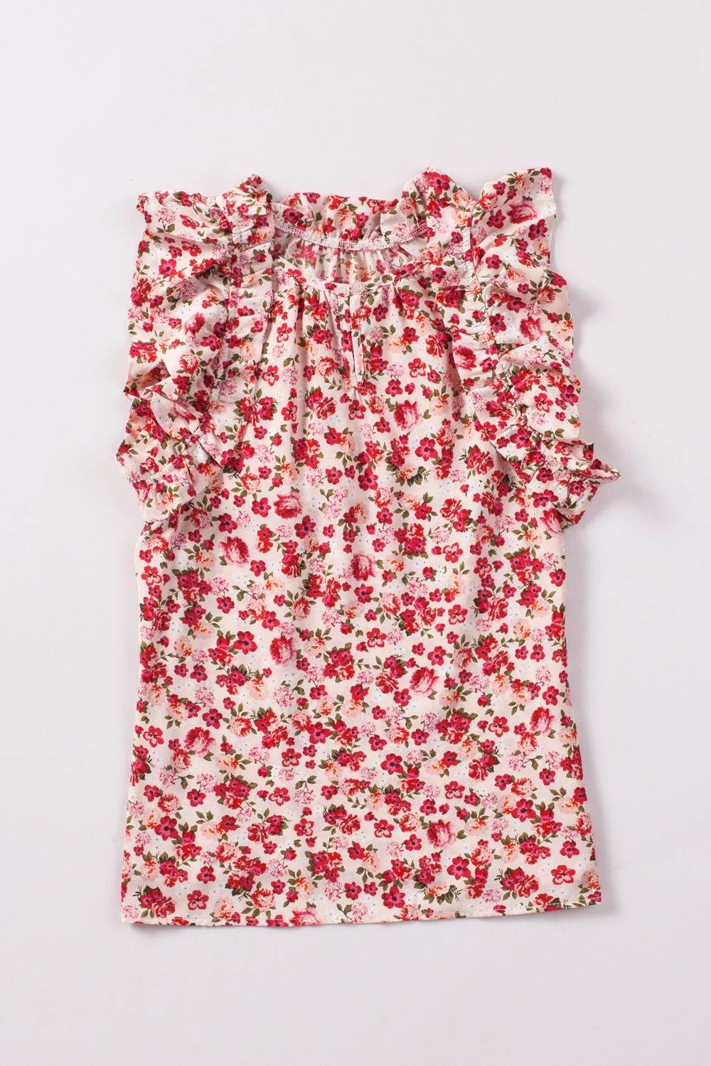 Ruffled floral round neck cap sleeve blouse with red and pink flowers.