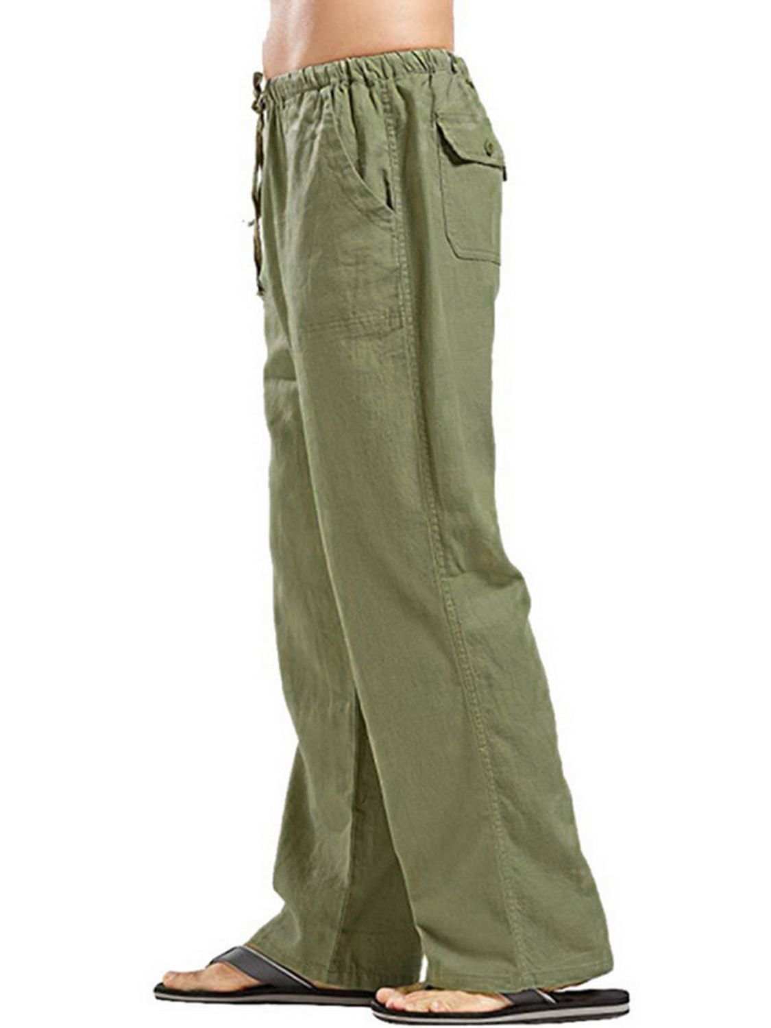 Men's full size drawstring straight leg pants in olive green, featuring basic style and side pocket.