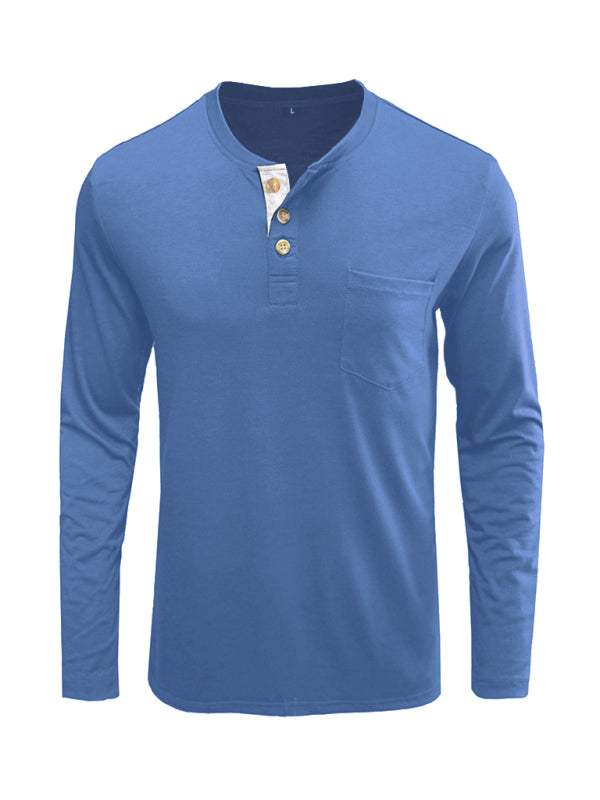 Men's long-sleeved blue solid color t-shirt with round neck and button details.