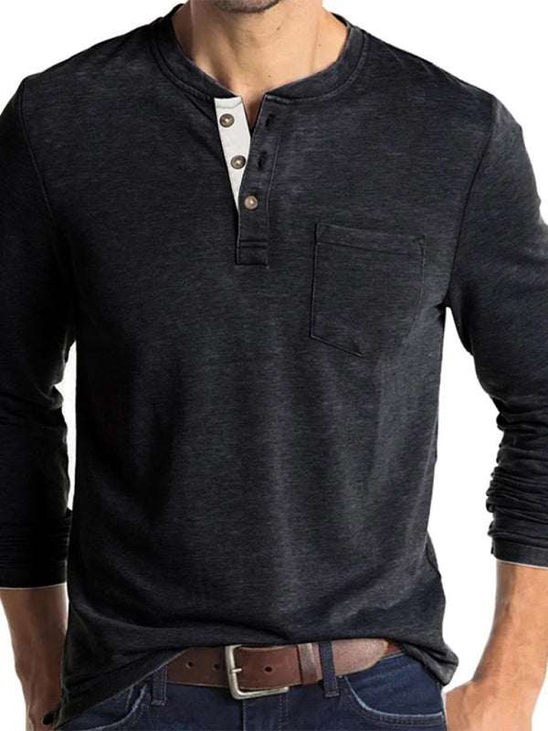 Men's long-sleeved solid color t-shirt with pocket, round neck, and slight elasticity, ideal for autumn-winter.