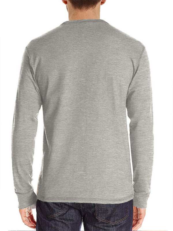 Men's solid color long-sleeved t-shirt, round neck, casual style, polyester knit fabric.