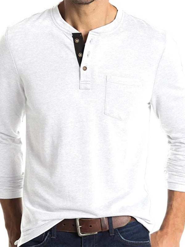 Men's solid color long-sleeved t-shirt, round neck, autumn-winter casual style.