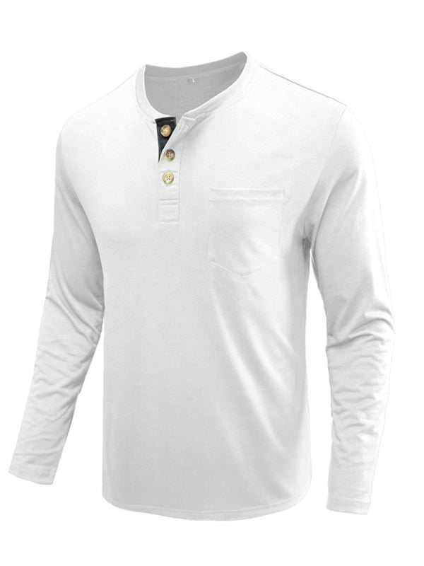 Men's long-sleeved solid color T-shirt, round neck, autumn-winter polyester blend.