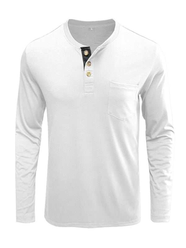 Men's long-sleeve white solid color t-shirt with pocket and button design.