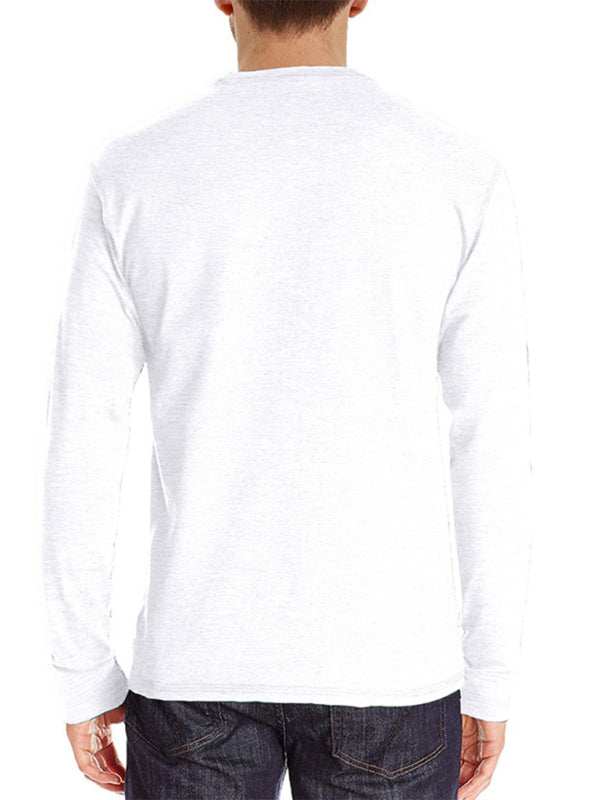 Men's long-sleeved solid color t-shirt, round neck, back view, casual style.