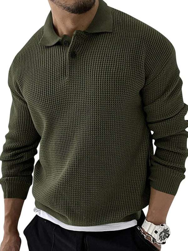 Men's fashion urban slim long sleeve knitted sweater with lapel collar and self-design pattern.