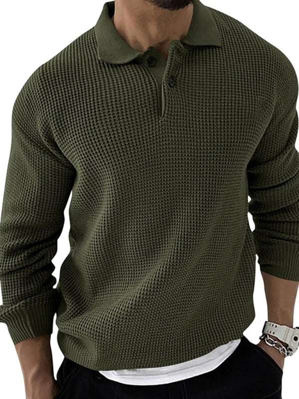 Lapel sweater men's fashion urban slim long sleeve knitted sweater in olive green.