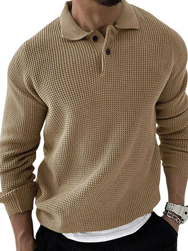 Men's urban slim long sleeve knitted sweater with lapel collar in beige.