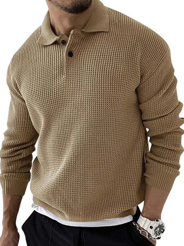Men's urban slim long sleeve knitted sweater with lapel collar, featuring a self-design pattern in acrylic material.