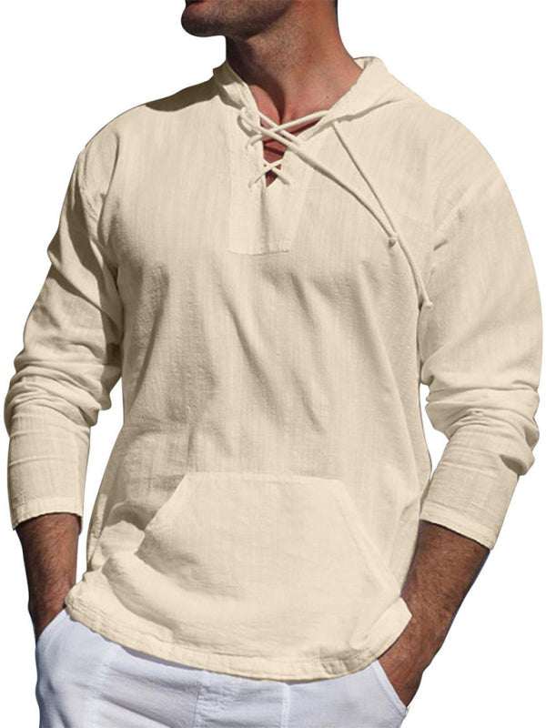 Men's casual cotton and linen hooded long-sleeve shirt with front pocket.