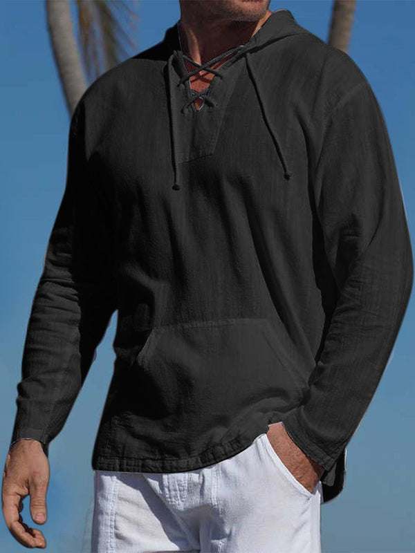Men's casual cotton and linen hooded long-sleeved shirt with tie detail.