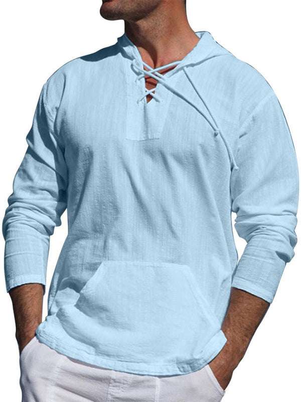 Men's casual cotton and linen hooded long-sleeved shirt with tie detail.
