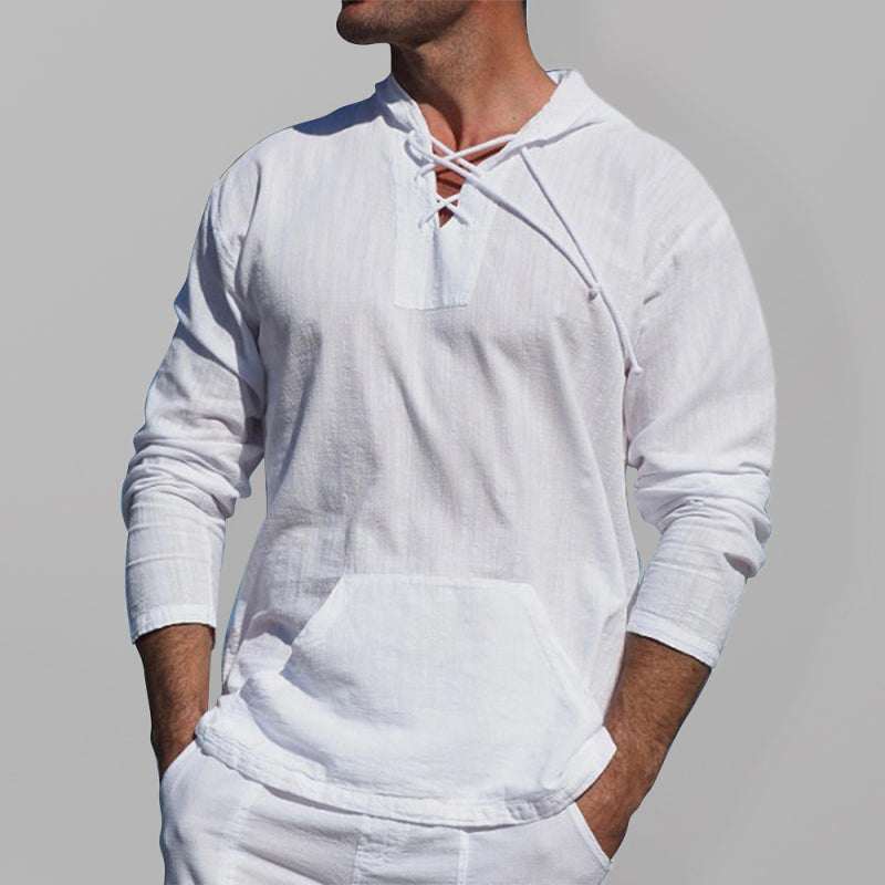 Men's casual cotton and linen tie hooded long-sleeved shirt in white with a self-design pattern.