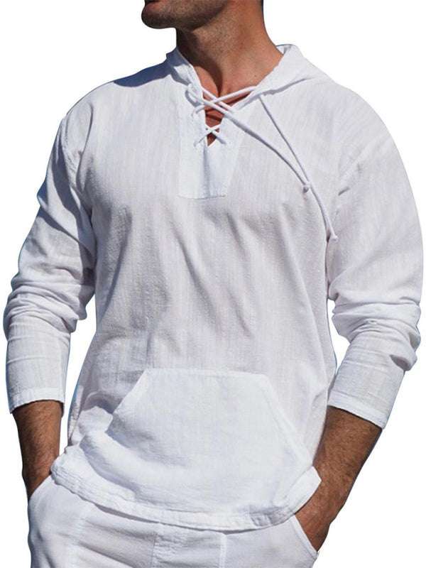 Men's casual white hooded shirt with tie detail, long sleeves, and welt pocket made of comfortable cotton-blend fabric.