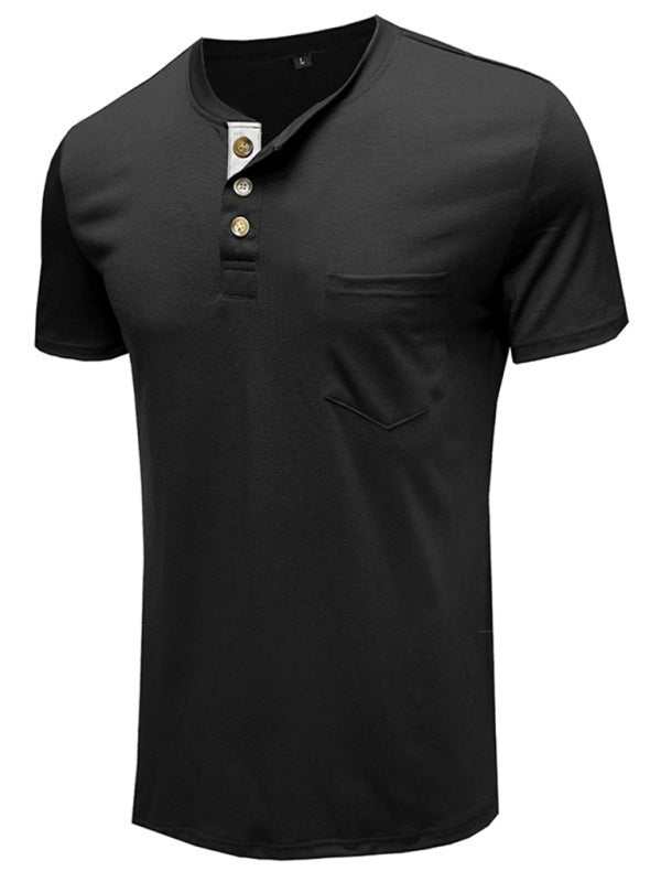 Men's black Henley neck cotton leisure T-shirt with short sleeves and welt pocket.