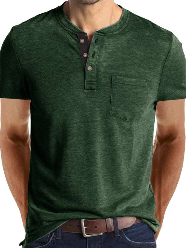 Men's Henley neck cotton leisure T-shirt, green, short-sleeved, welt pocket.