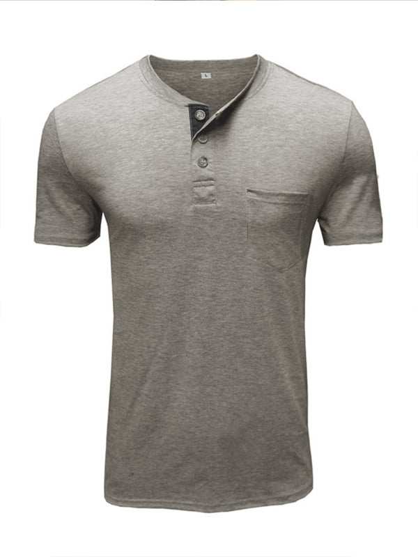 Men's Henley Neck Cotton Leisure T-shirt with welt pocket, solid color, short sleeves.