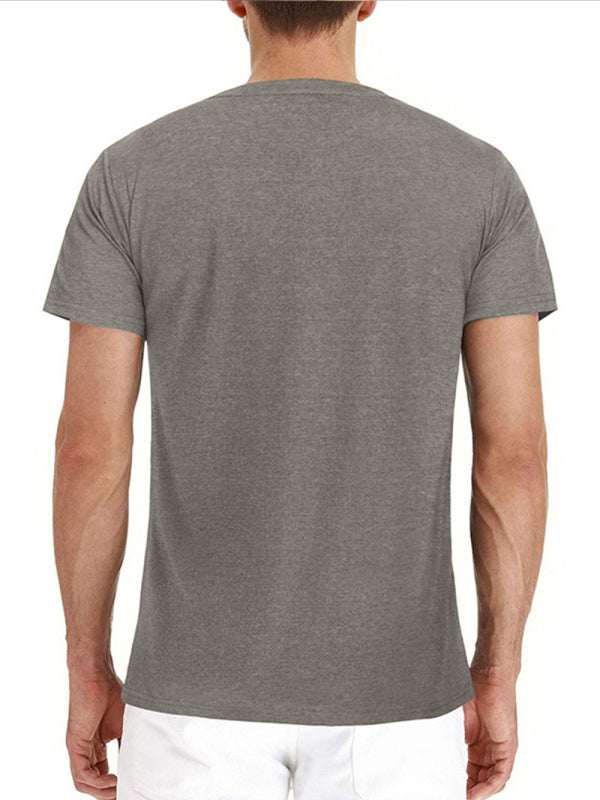 Men's grey Henley neck cotton leisure T-shirt, back view.