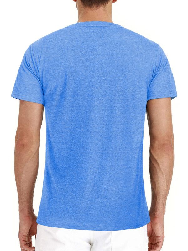 Men's Henley Neck Cotton Leisure T-shirt in blue, featuring short sleeves and solid color design.