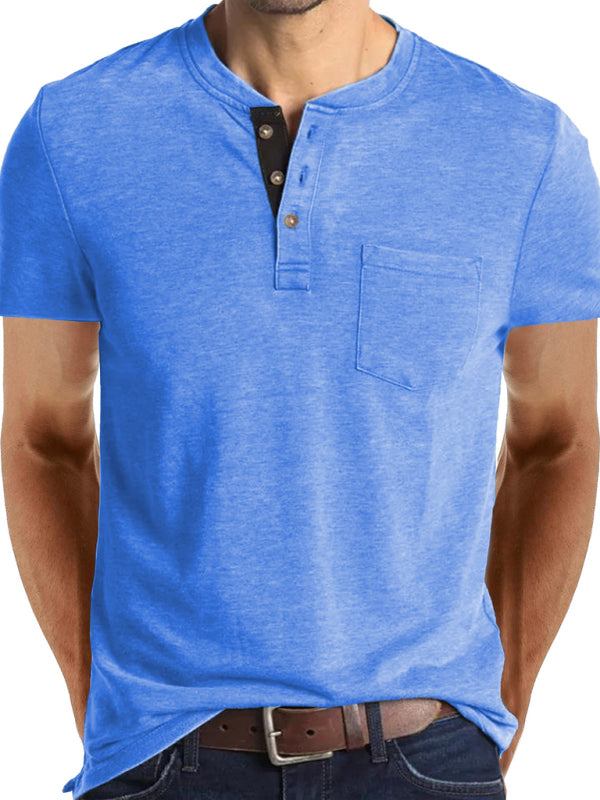 Men's Henley Neck Cotton Leisure T-shirt in blue with short sleeves and welt pocket.