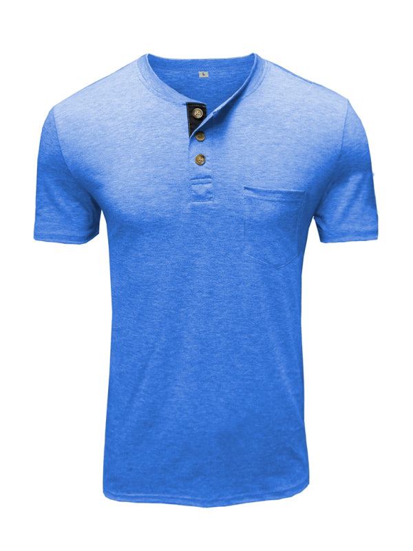 Men's Henley neck blue cotton leisure T-shirt with button accents and welt pocket.