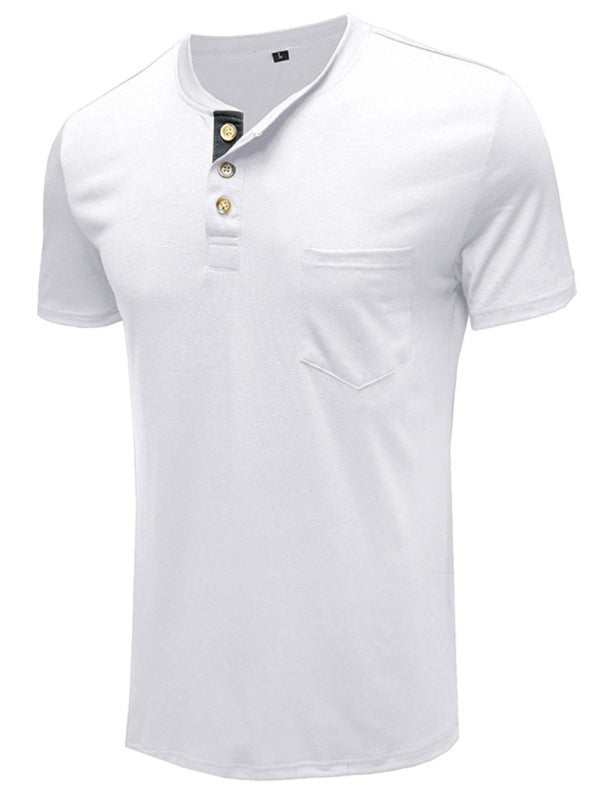 Men's white Henley neck cotton leisure T-shirt with welt pocket and button detail.