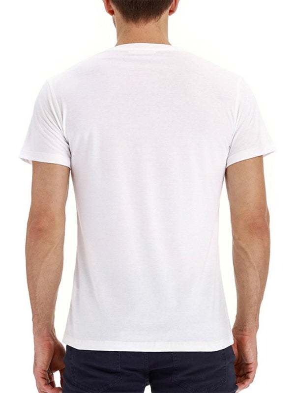 Men's white Henley neck cotton leisure t-shirt with dropped shoulder sleeves, rear view.
