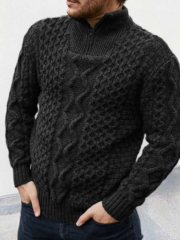 Men's black zipper turtleneck cable knit sweater with long sleeves.