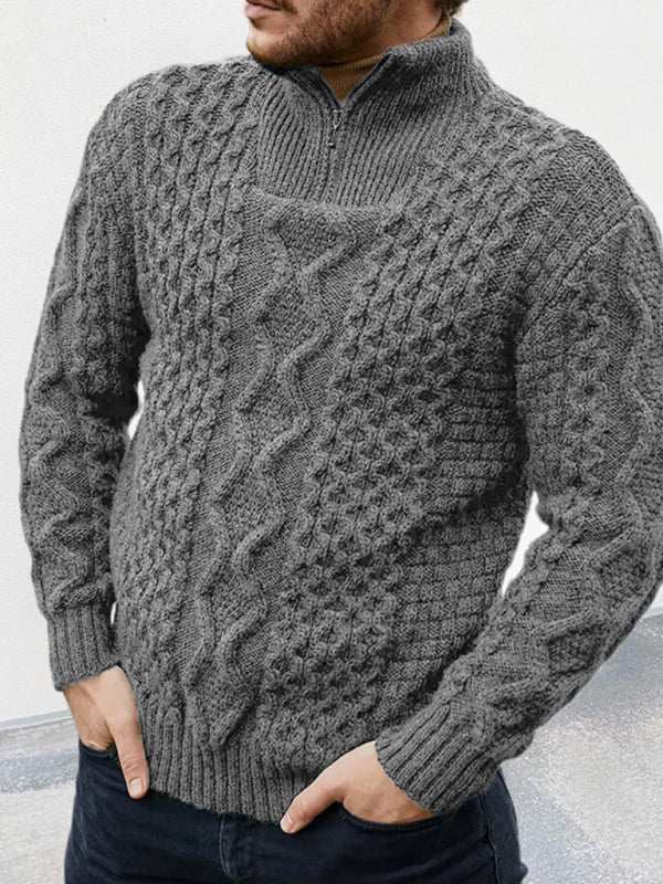 Men's gray zipper turtleneck long sleeve cable sweater with knit design.