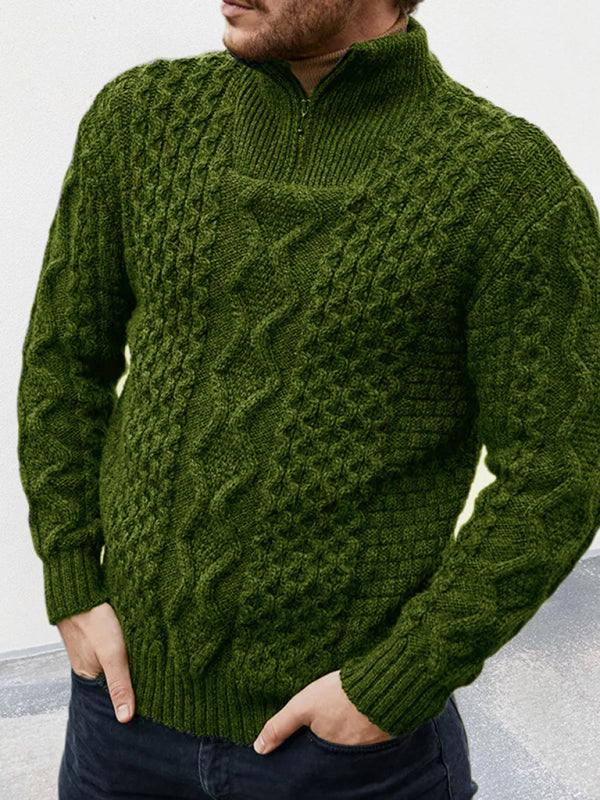 Men's green zipper turtleneck long sleeve cable knit sweater.