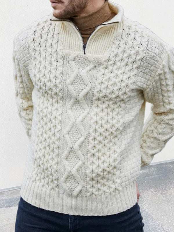 Men's cream zipper turtleneck long sleeve cable knit sweater.