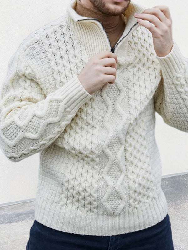 Men's white zipper turtleneck long sleeve cable sweater with textured pattern.