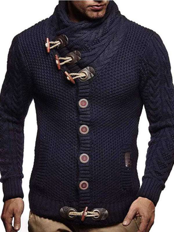 Men's knitted jacket with turtleneck and buttons, navy color, casual style.