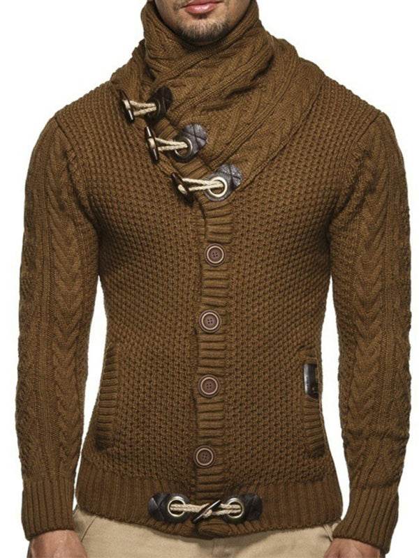 Men's knitted turtleneck button sweater jacket in brown with self-design and dropped shoulder sleeves.