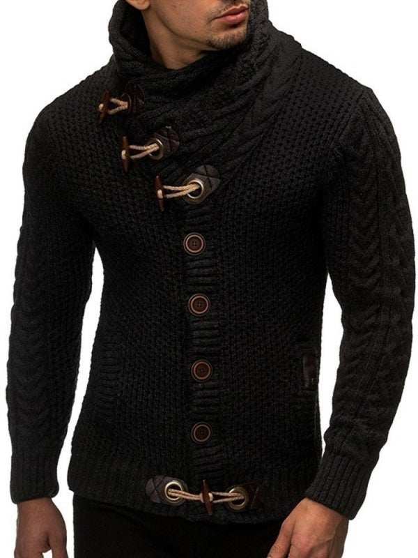 Men's black knitted turtleneck button sweater with dropped shoulders.