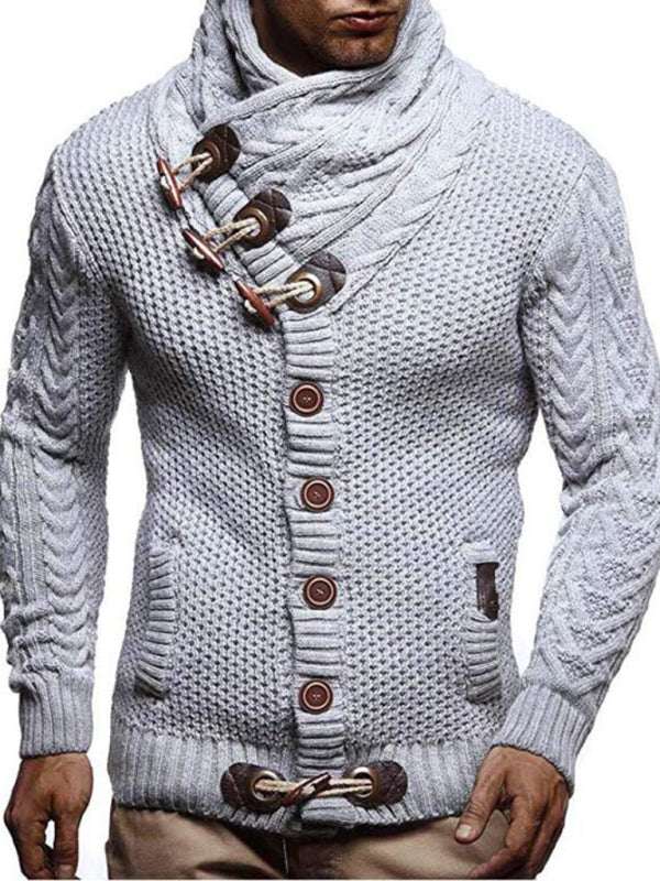 Men's knitted turtleneck button sweater in grey with cable knit design.