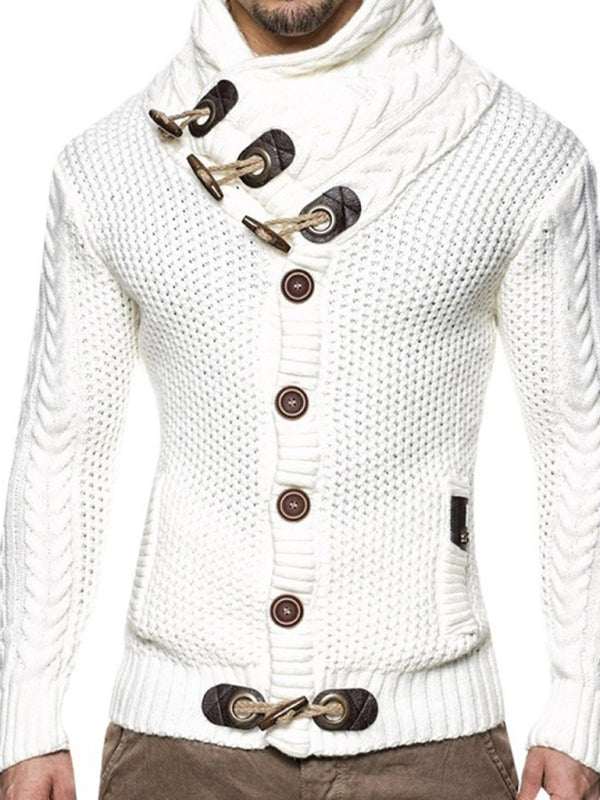 Men's white knitted jacket with turtleneck and button details.