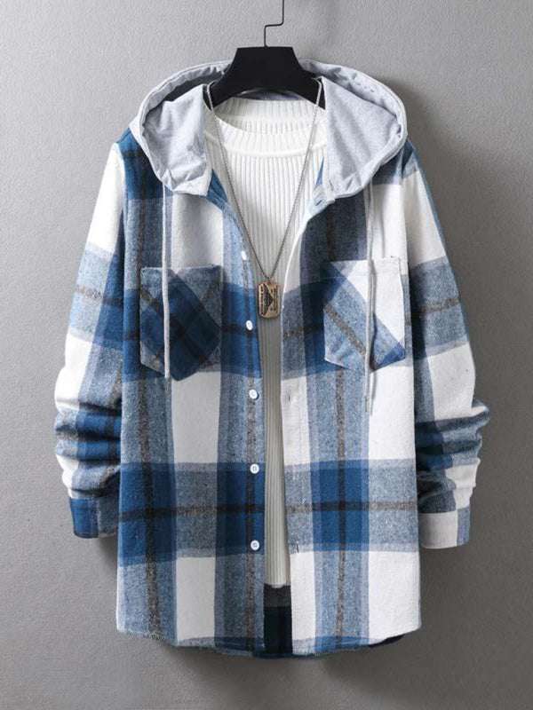 Men's plaid hooded flannel jacket in blue and white tones hanging on a hanger.