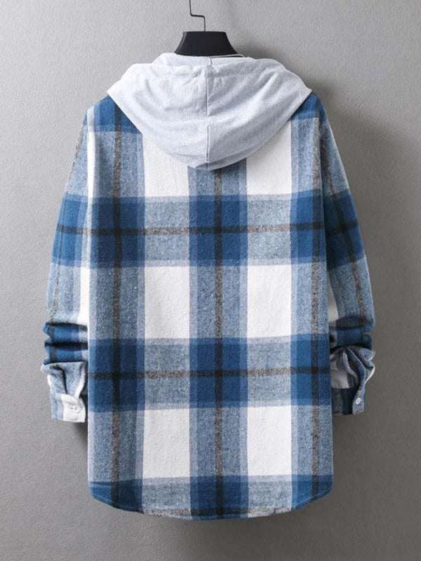 Men's blue plaid hooded flannel jacket with long sleeves, hanging on a hanger.