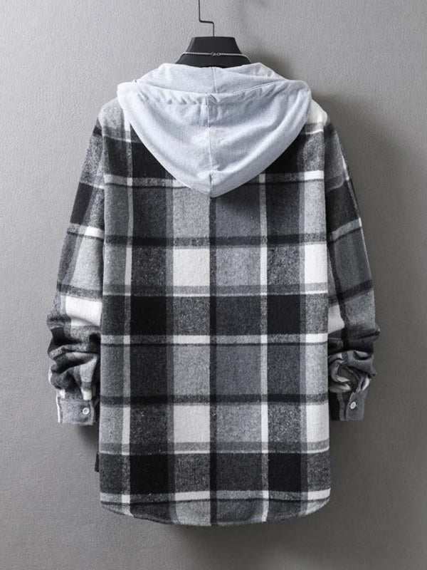 Men's plaid hooded flannel jacket in black and gray tones, back view with dropped shoulder sleeves.