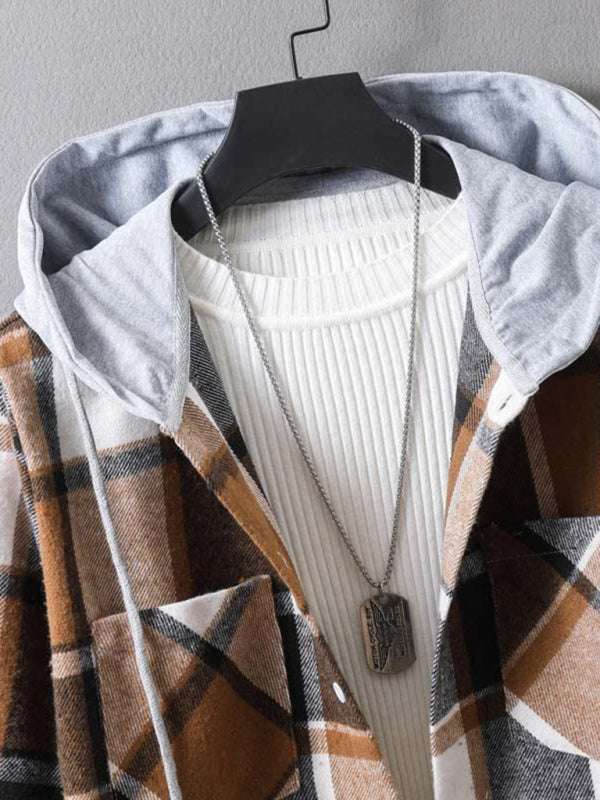 Men's plaid hooded flannel jacket with a casual design.