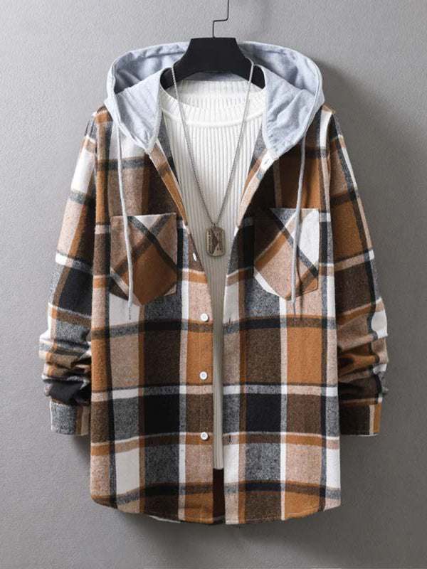 Men's plaid hooded flannel jacket with brown, white, and grey check pattern.