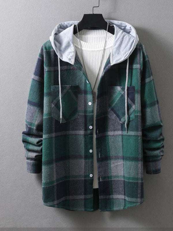 Men's plaid hooded flannel jacket with dropped shoulder sleeves, autumn-winter style.