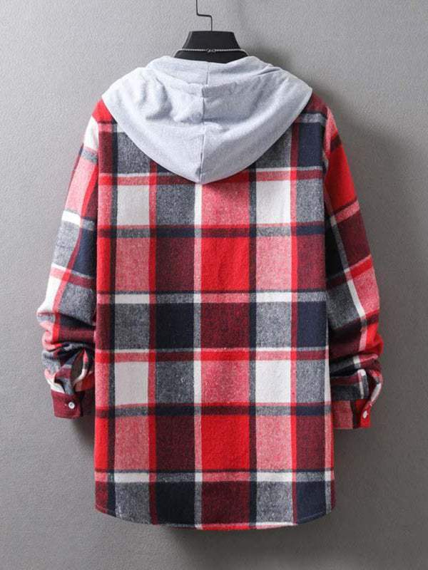 Men's plaid hooded flannel jacket with red and gray checkered pattern.