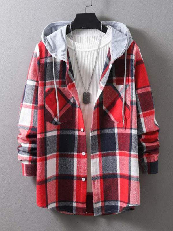 Men's plaid hooded flannel jacket in red, white, and black checkered pattern.