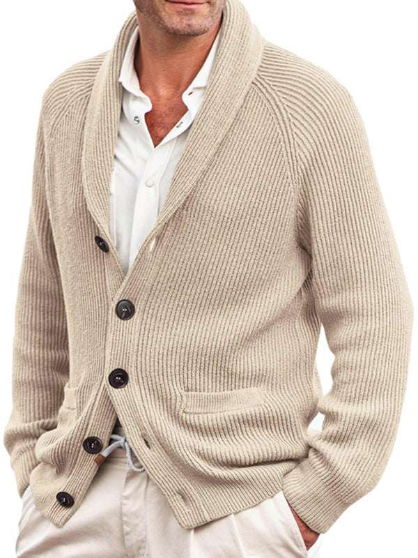 Men's lapel long sleeve beige knitted fashion sweater jacket.